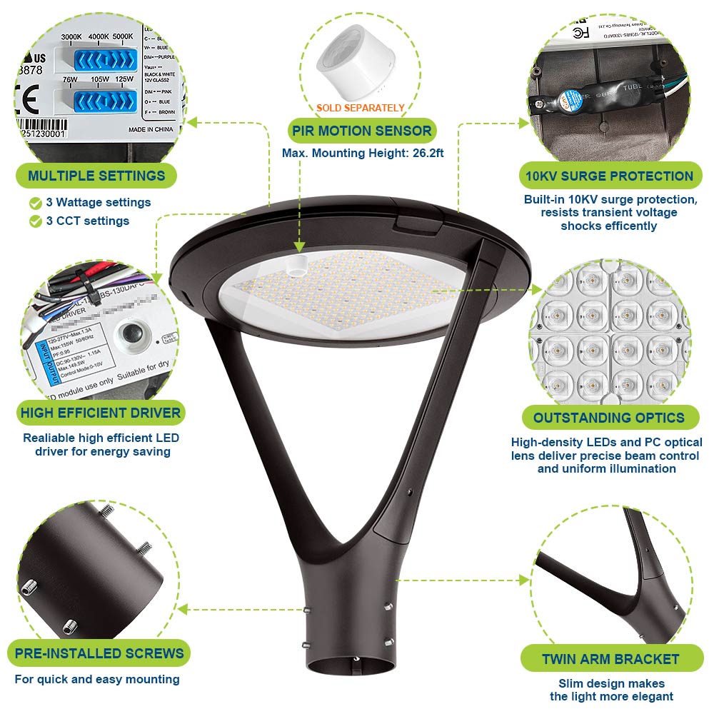 Konlite Atria LED Post Top Light with features highlighted