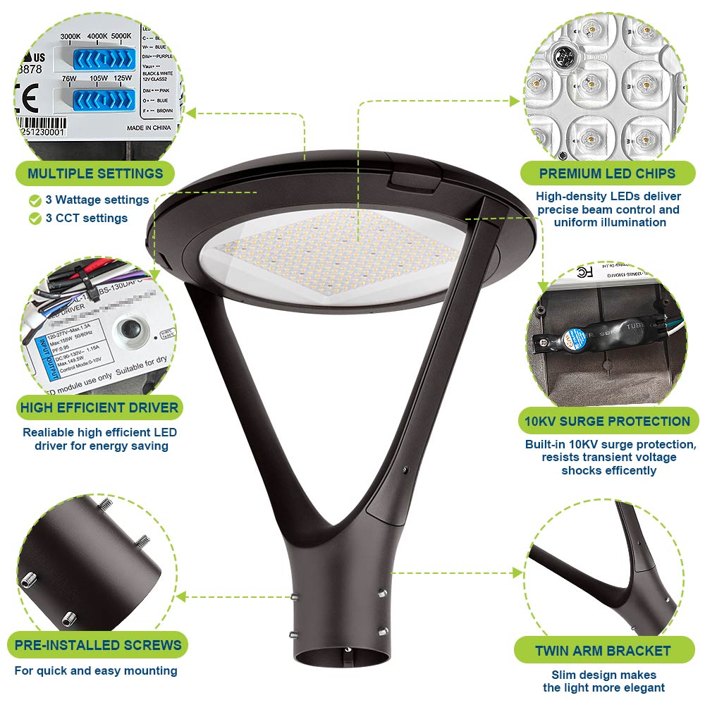 Konlite Atria LED Post Top Light with features highlighted