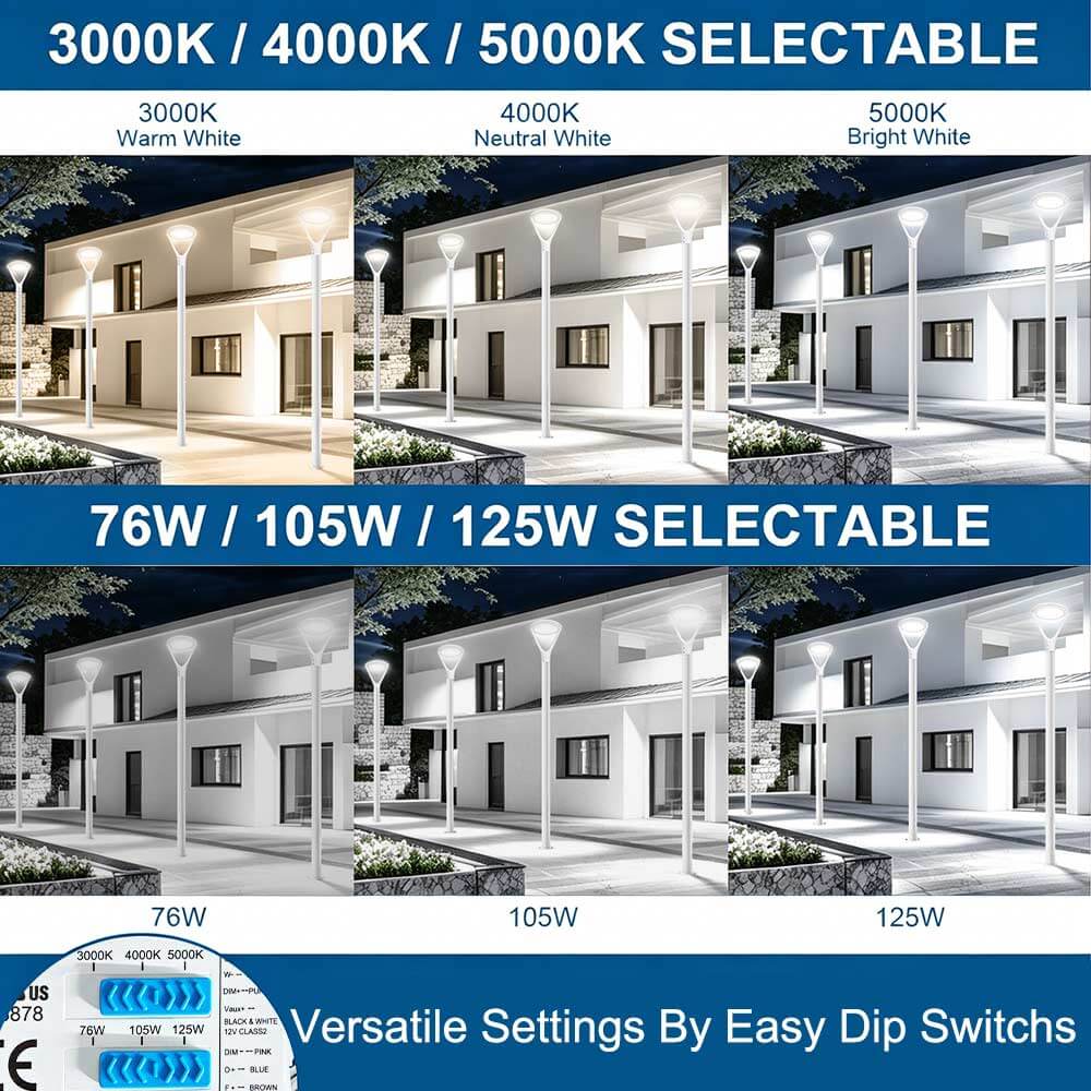 Comparison of color temperature (CCT) and wattage settings for Atria LED White Post Top Light