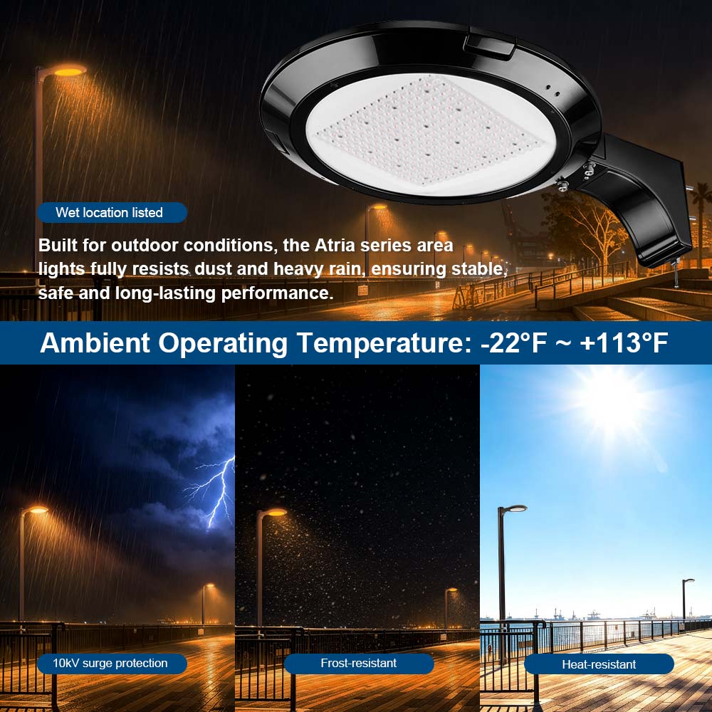 Konlite Atria Turtle Friendly Amber LED Area lights in various outdoor conditions with highlighted weather-resistant features.