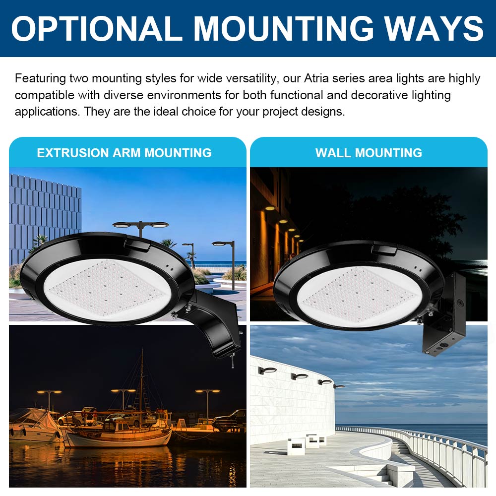 Graphic for both mounting options for the Atria Turtle Friendly Amber LED Area Light included installed examples.