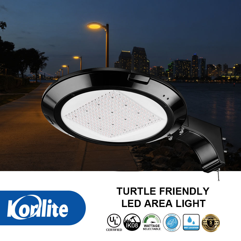 Features and certifications for the Konlite Atria Turtle-Friendly Amber LED Area Light.