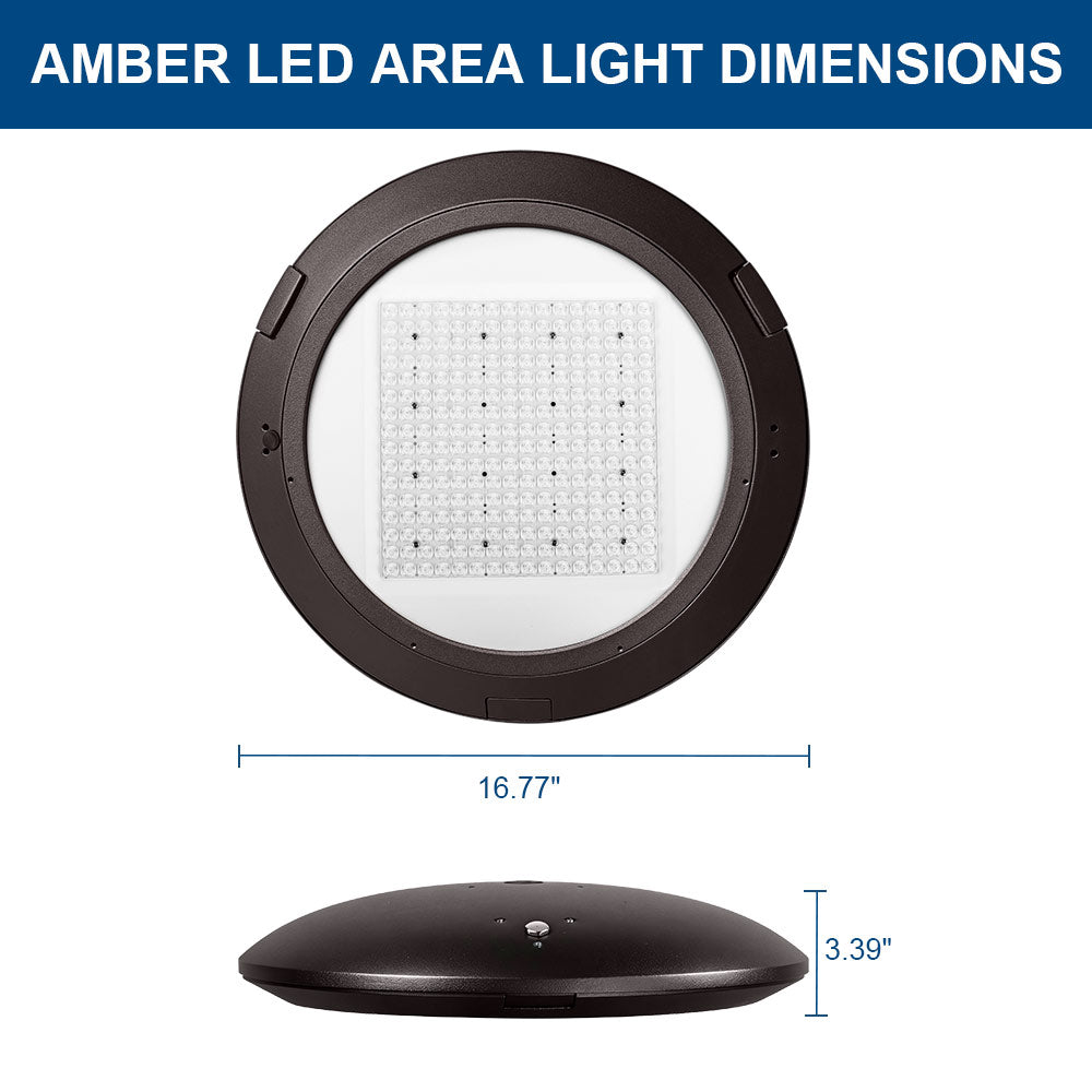 Top and side view of Atria Turtle Friendly Amber LED Area Light with labeled dimensions.