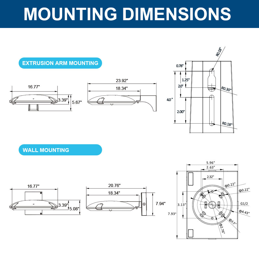 Diagram of wall and extrusion arm mounting options with labeled dimensions.