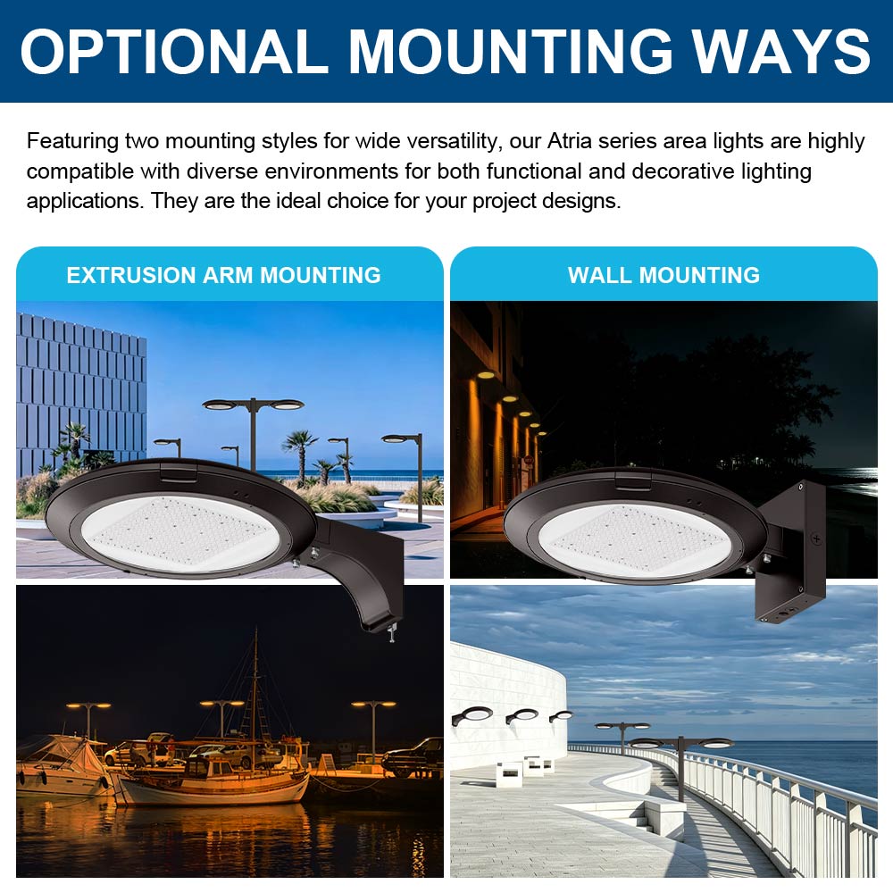 Graphic for both mounting options for the Atria Turtle Friendly Amber LED Area Light included installed examples.