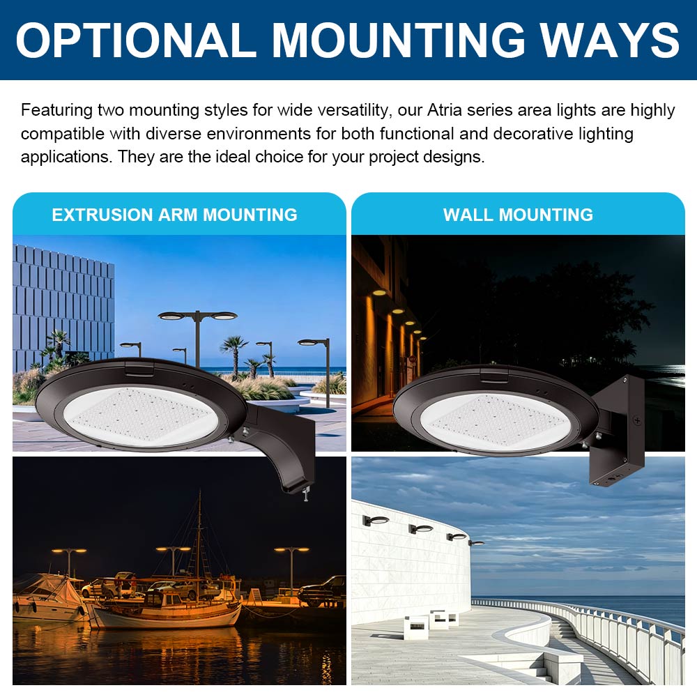 Graphic for both mounting options for the Atria Turtle Friendly Amber LED Area Light included installed examples.