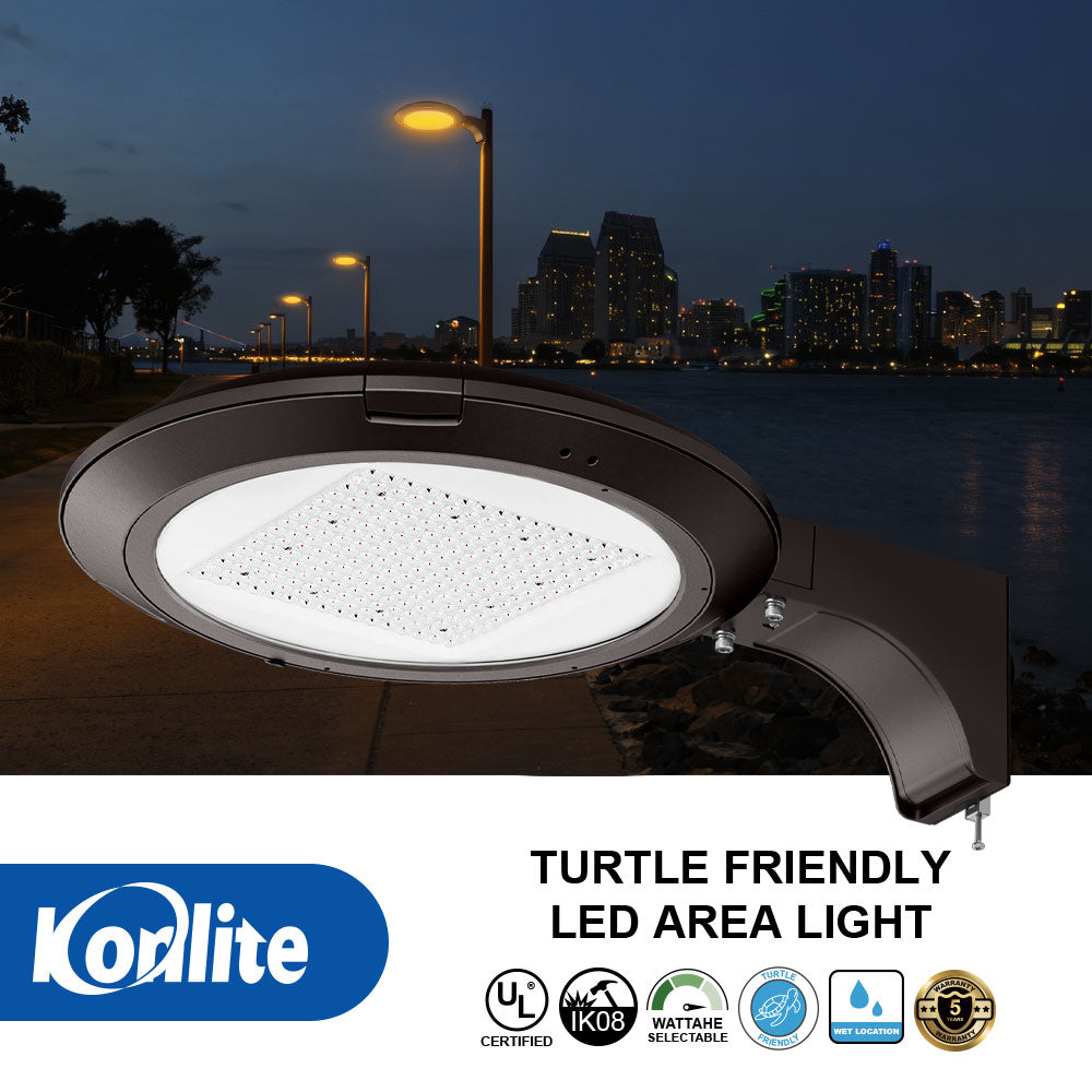 Features and certifications for Konlite Atria Turtle Friendly Amber LED Area Light.