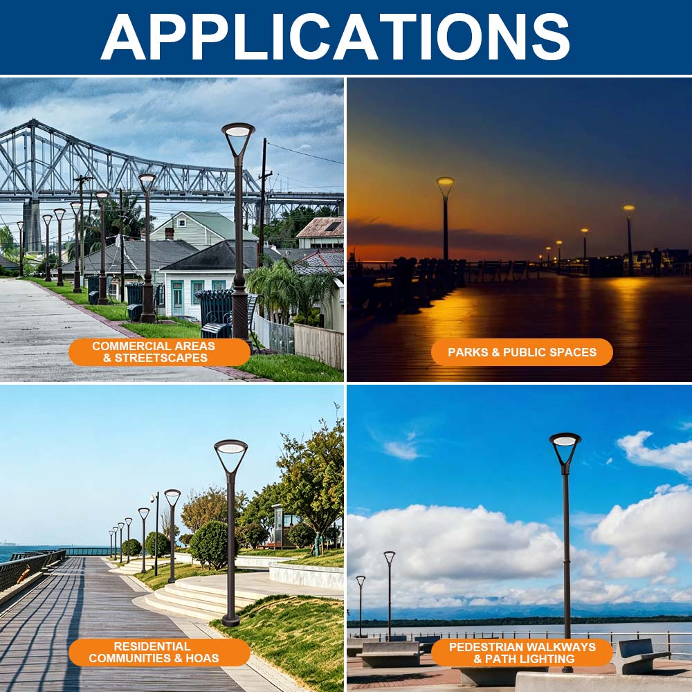 Konlite Atria Amber LED Post Top Light installed in various applications