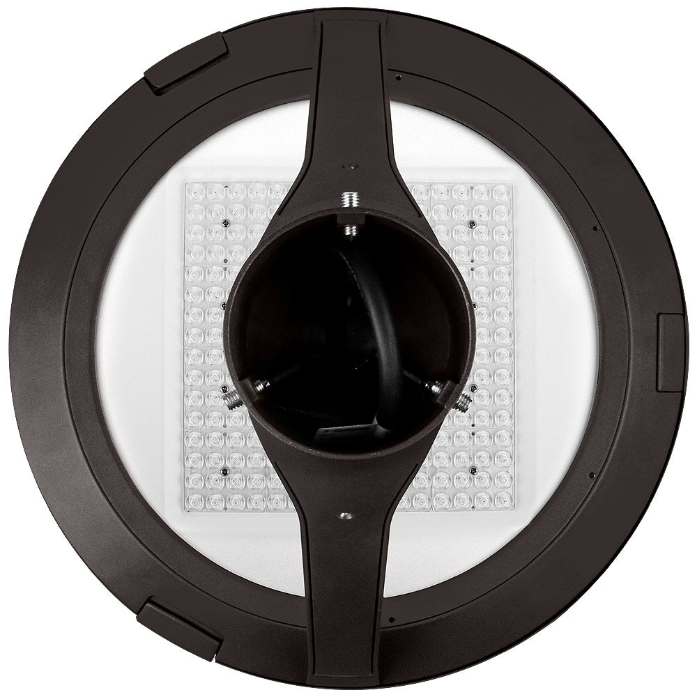 Bottom view of Atria Amber LED Post Top Light with channel for wires