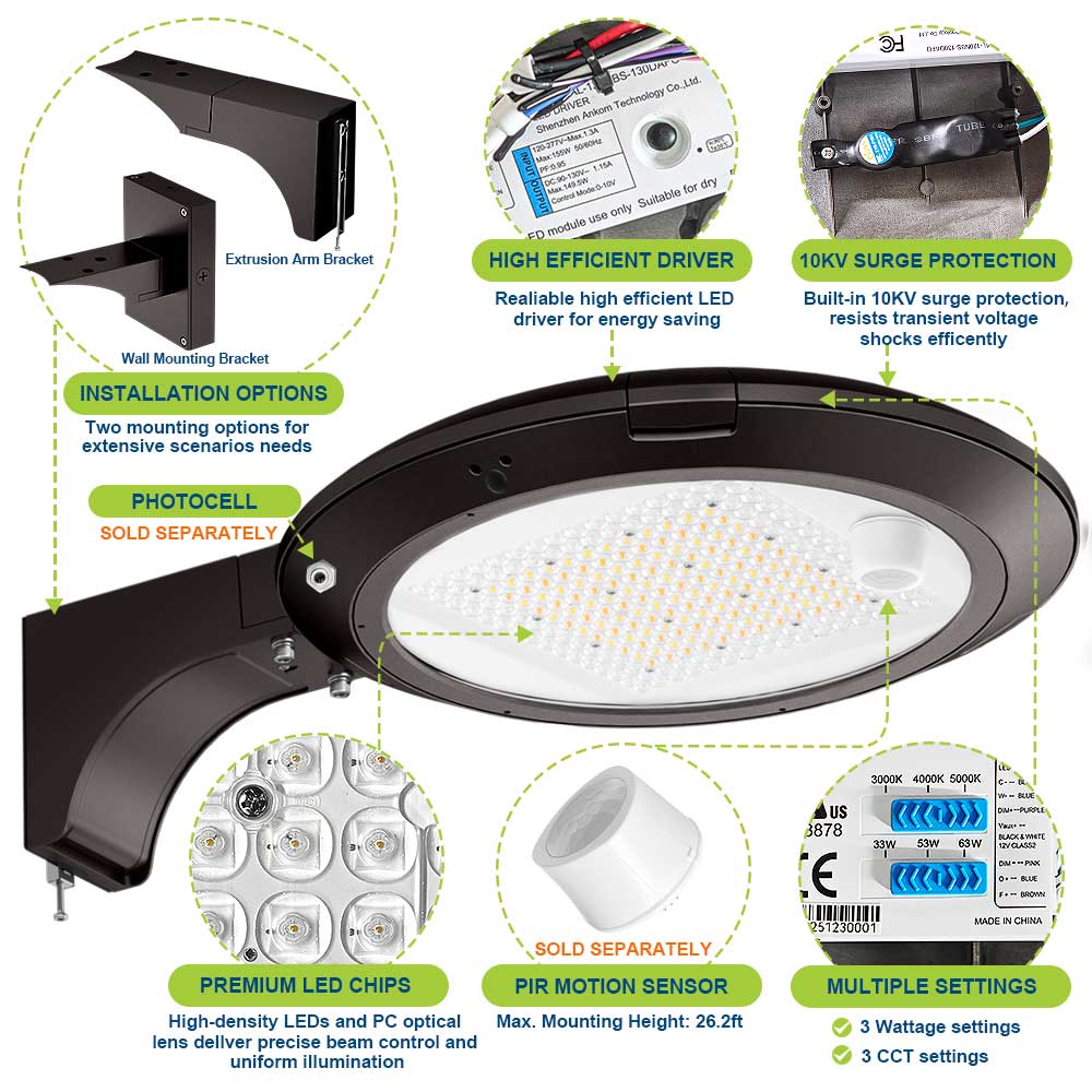 63W Konlite Atira LED Area Light with Extrusion Mount with features highlighted on a white background