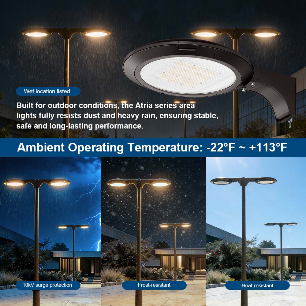 63W Konlite Atira LED Area Lights in various weather conditions with text highlighting features.