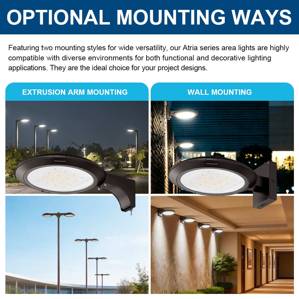 Atria series area lights with extrusion arm and wall mounting options shown outdoors and indoors.
