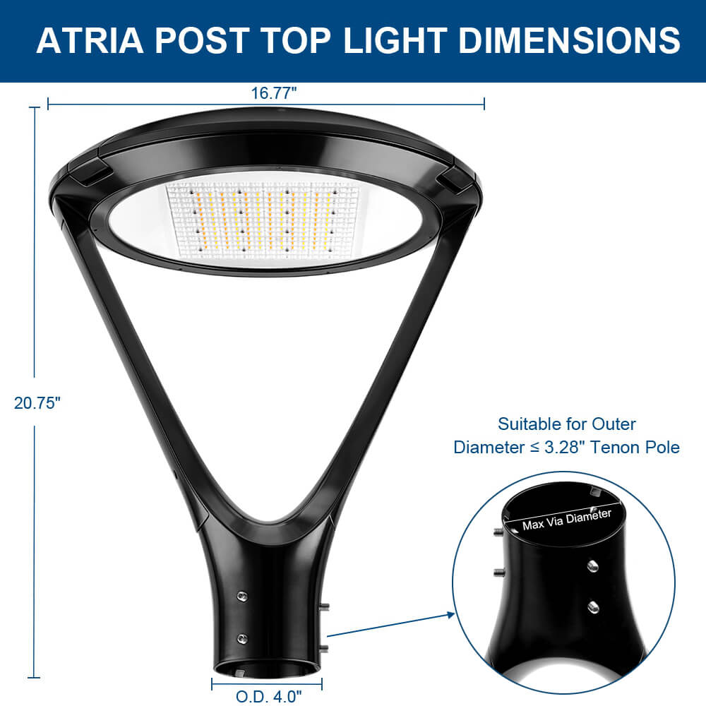 Black Atria post top light dimensions diagram with measurements and specifications.