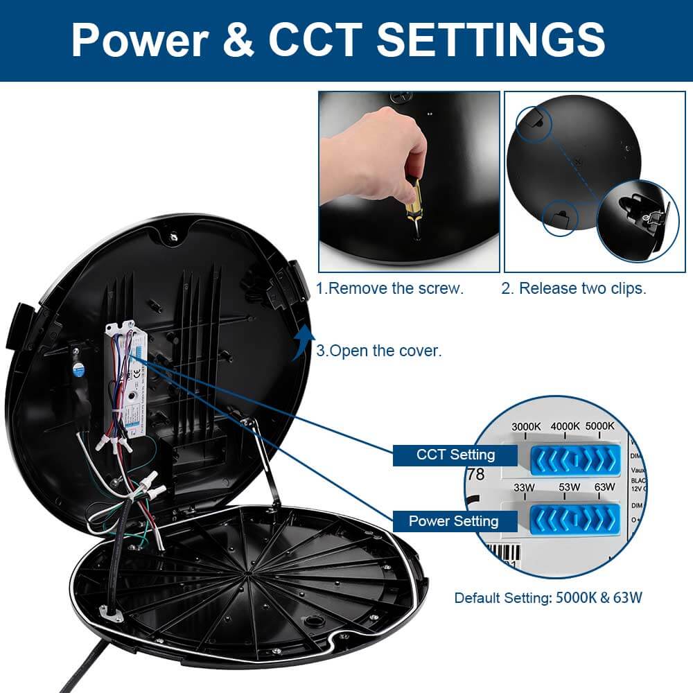 Step-by-step guide on how to adjust power and CCT settings on an Atria post top light