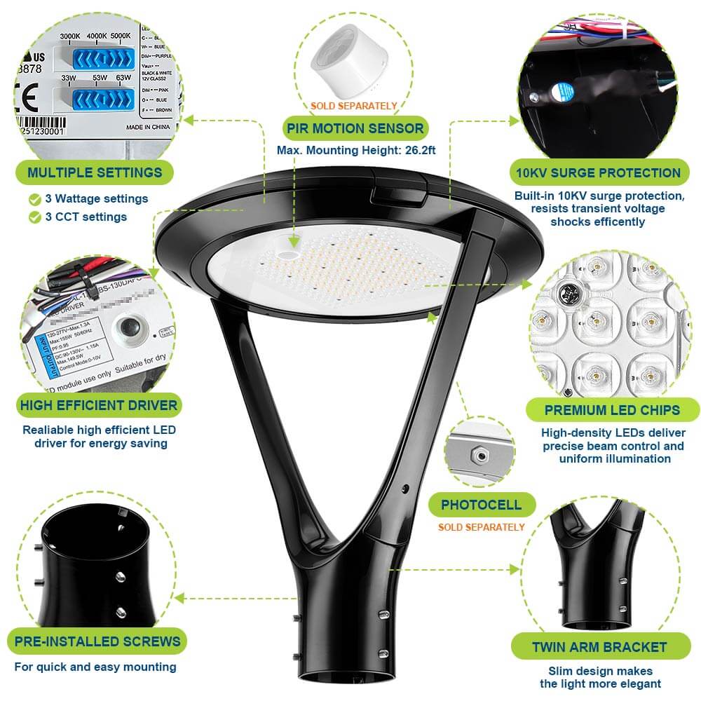 Konlite Atria LED Post Top Light with features highlighted