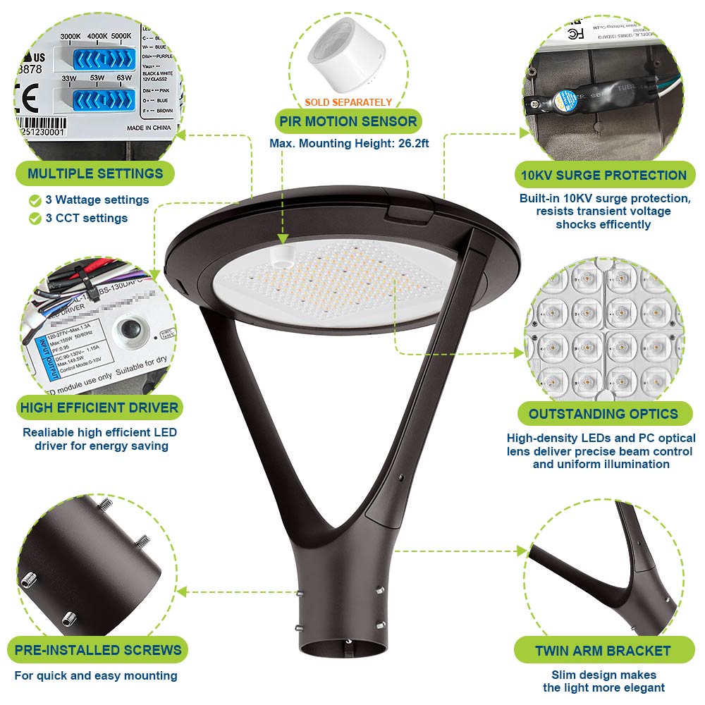 Konlite Atria LED Post Top Light with features highlighted