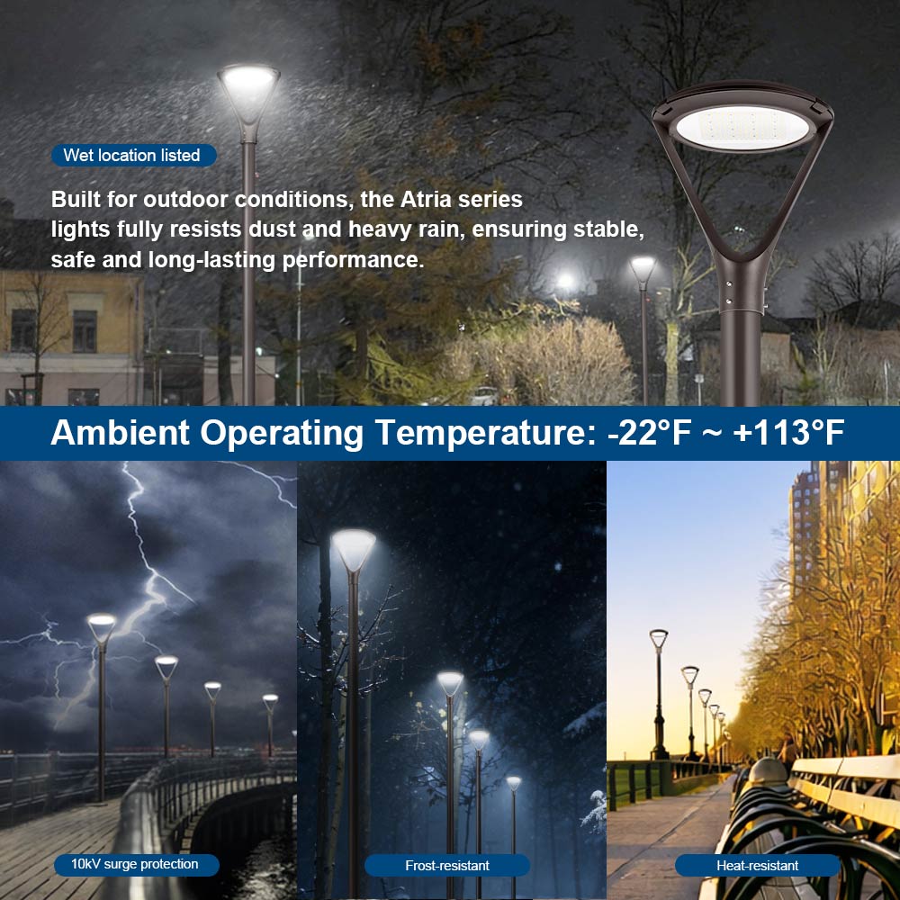 Konlite Atria LED Post Top Lights in various conditions