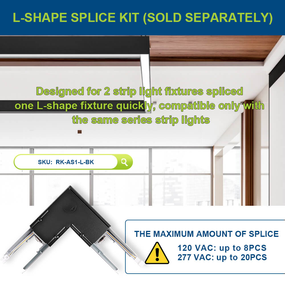 L-shaped splice kit for strip lights with product details and compatibility information.
