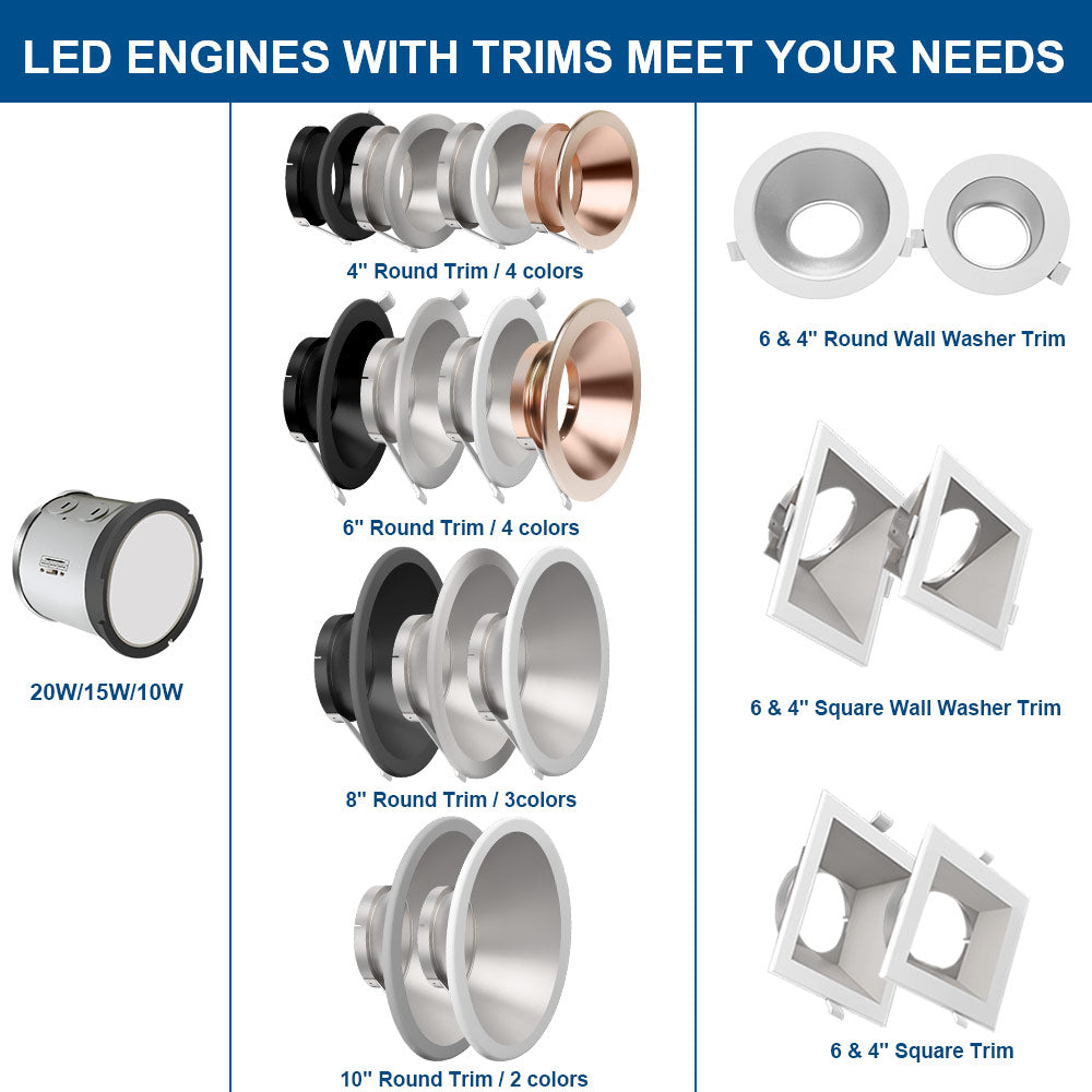 Collection of LED trim components with various sizes and colors for Konlite recessed down lights