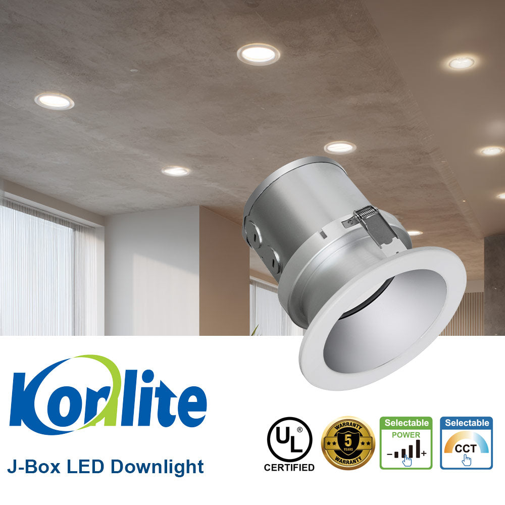 Koralite J-Box LED Downlight with certification logos on a ceiling background