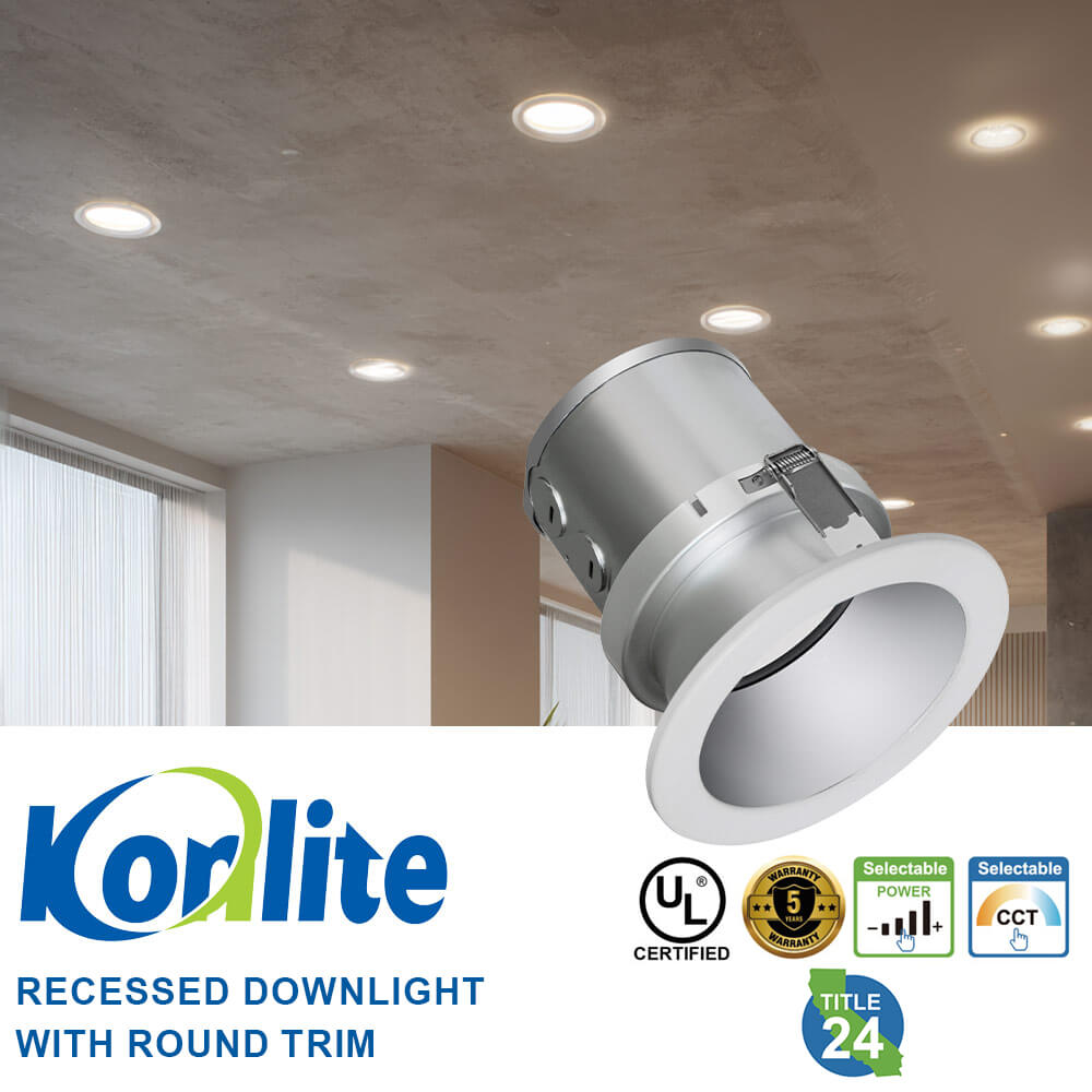 Koralite J-Box LED Downlight with certification logos on a ceiling background