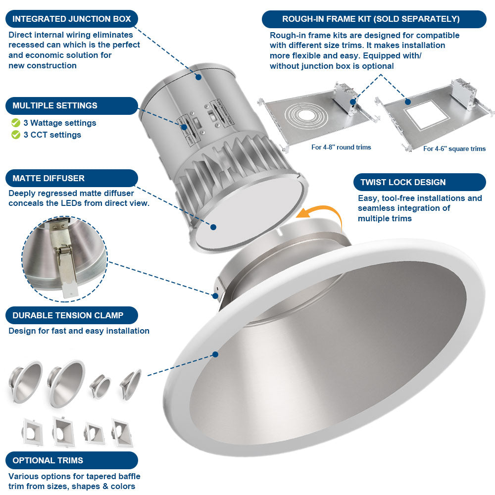 Konlite recessed down light with features highlighted on a white background