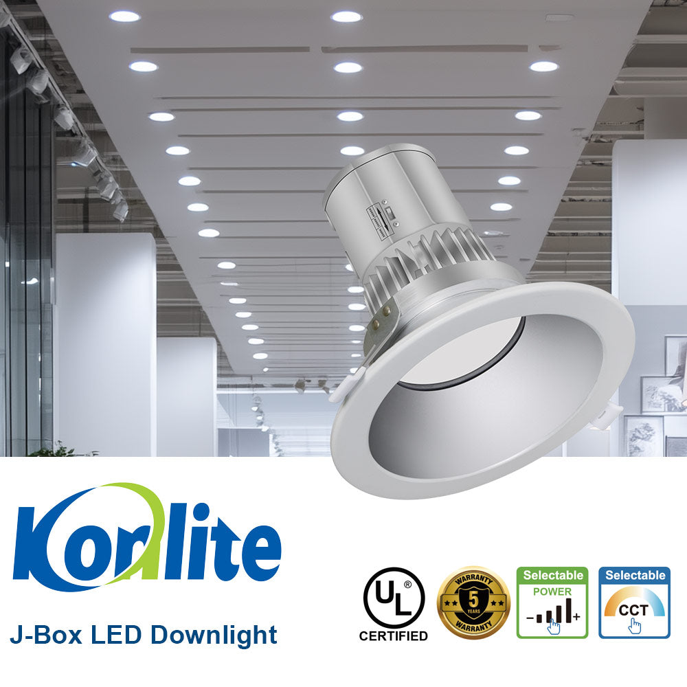 Koralite J-Box LED Downlight with certification logos in an indoor setting
