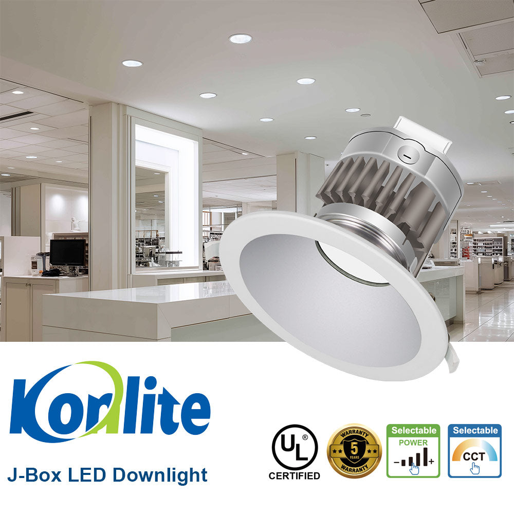 Koralite J-Box LED Downlight with certification logos in a modern indoor setting