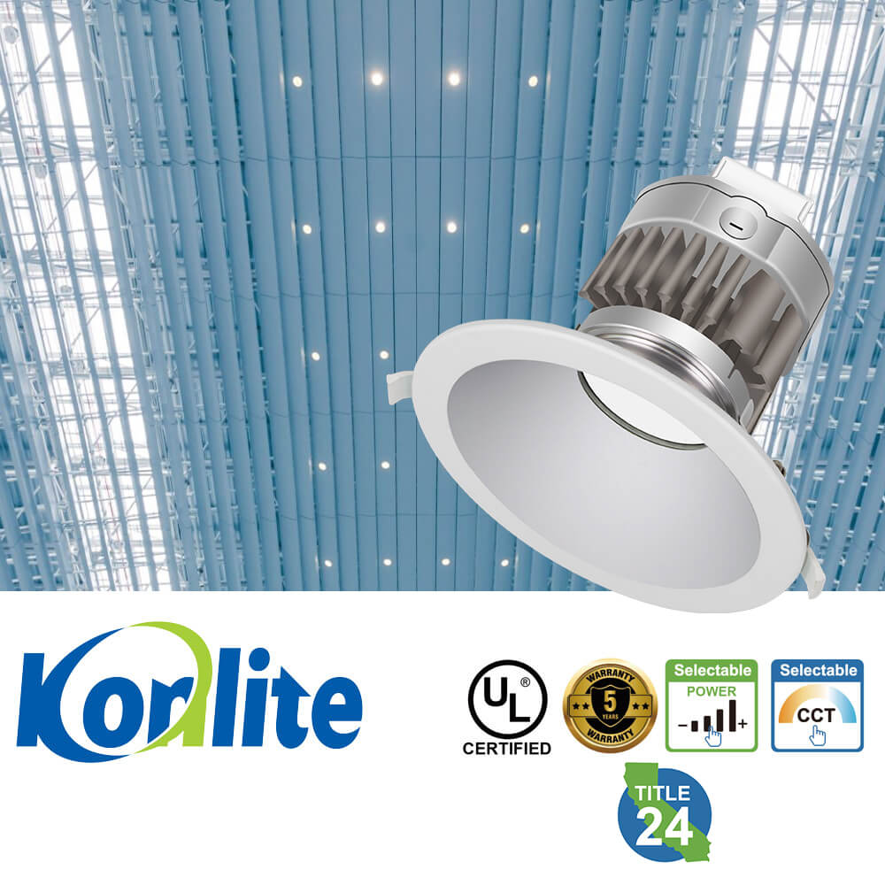 Koralite J-Box LED Downlight with certification logos in a modern indoor setting