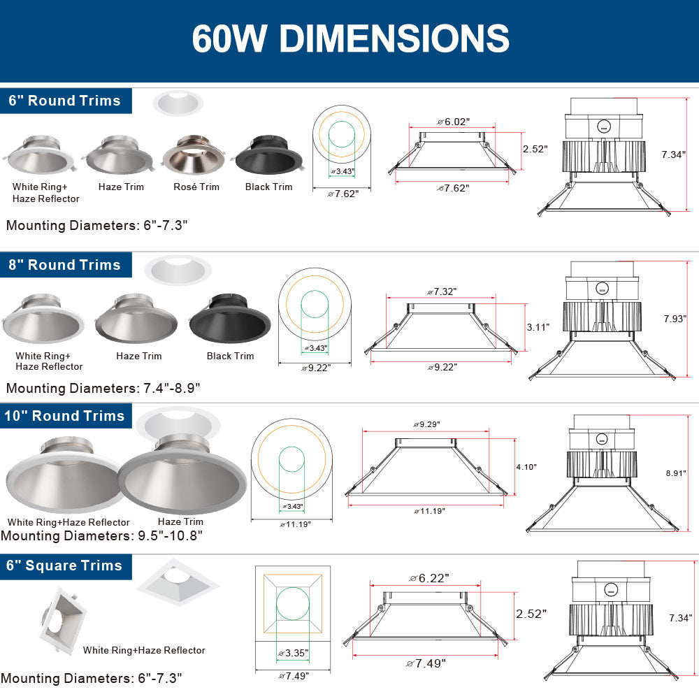 Dimensions chart for different types of round and square trim lights with measurements.