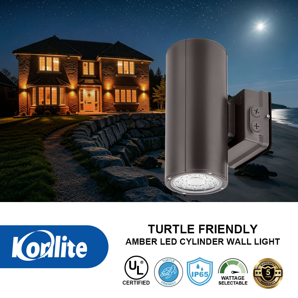 Konlite amber LED cylinder wall light shown in front of a house at night, with product details, brand logo, and certification badges along the bottom.