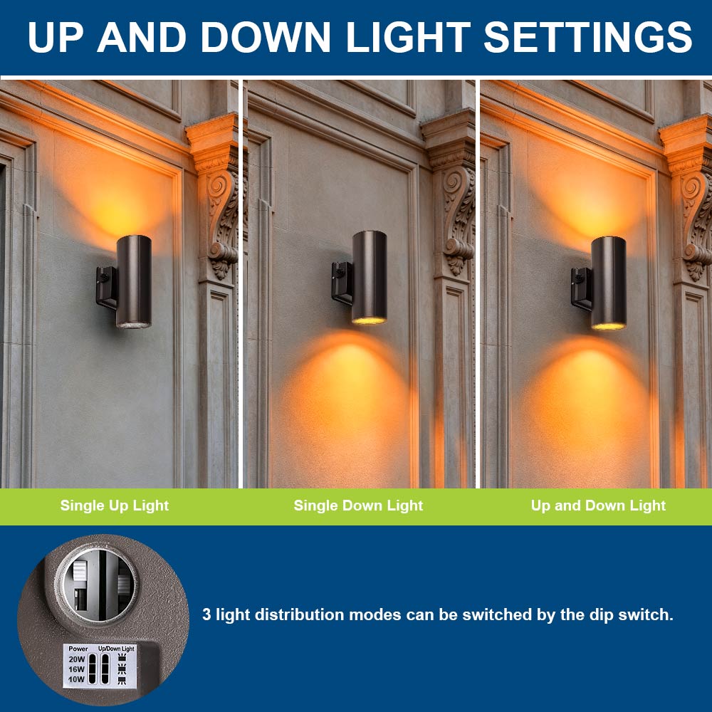 Up and down light settings of Konlite 20W Amber LED Cylinder Wall Light - Wildlife friendly