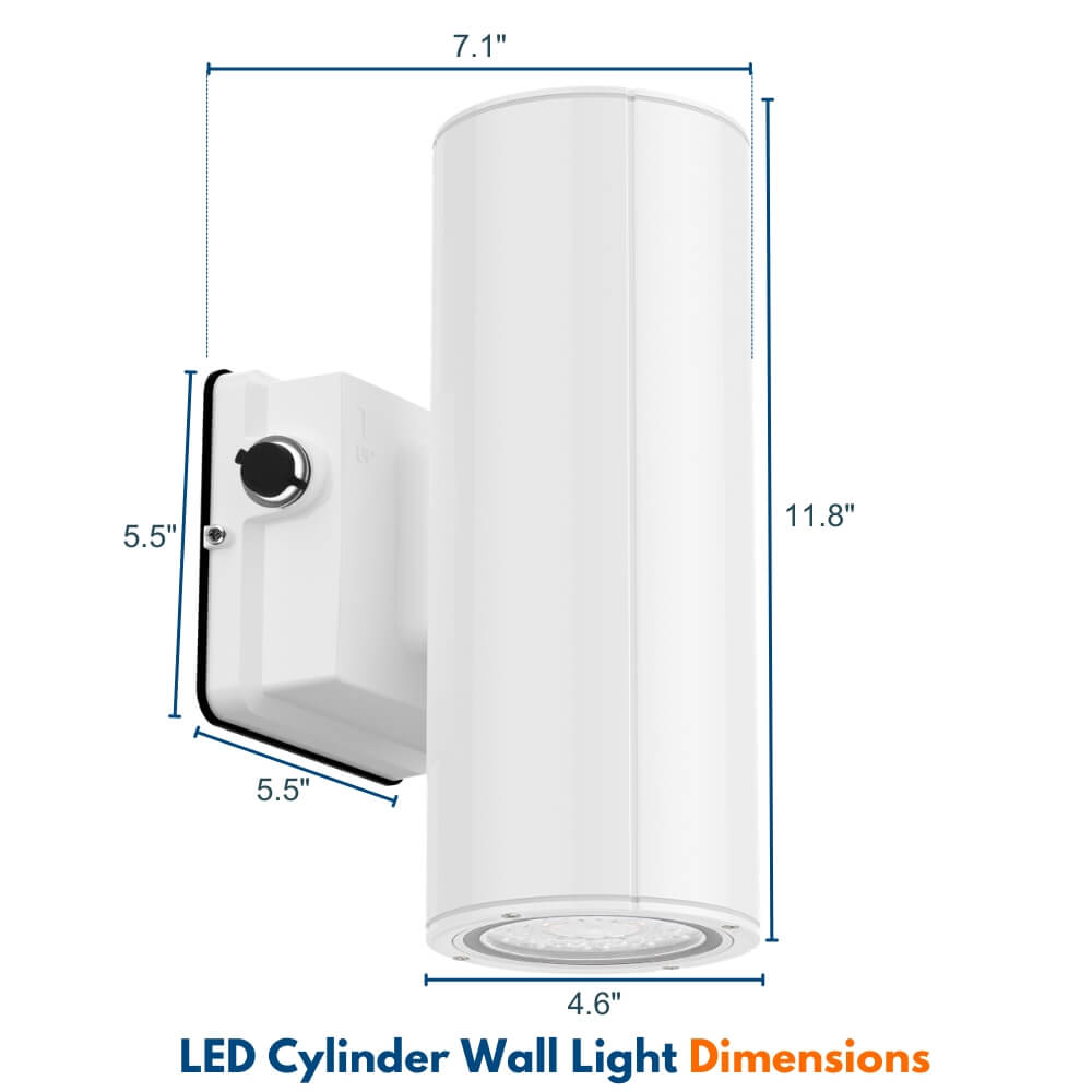 Dimensions of Konlite LED Cylinder Up and Down Wall Light fixture, White 20W LED Wall Sconce
