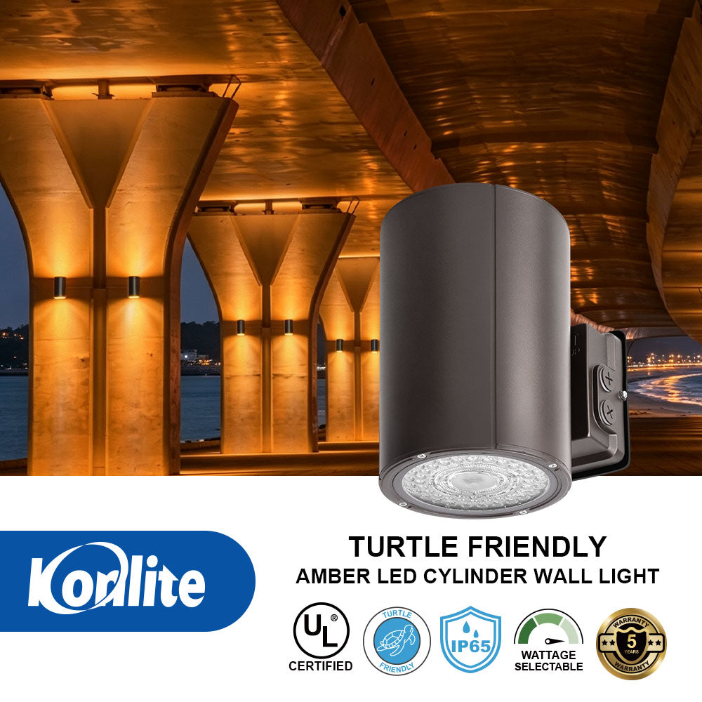 Konlite amber LED cylinder wall light shown in a real architectural environment with warm illuminated columns and ceiling, plus a white lower banner with product text and certification badges.