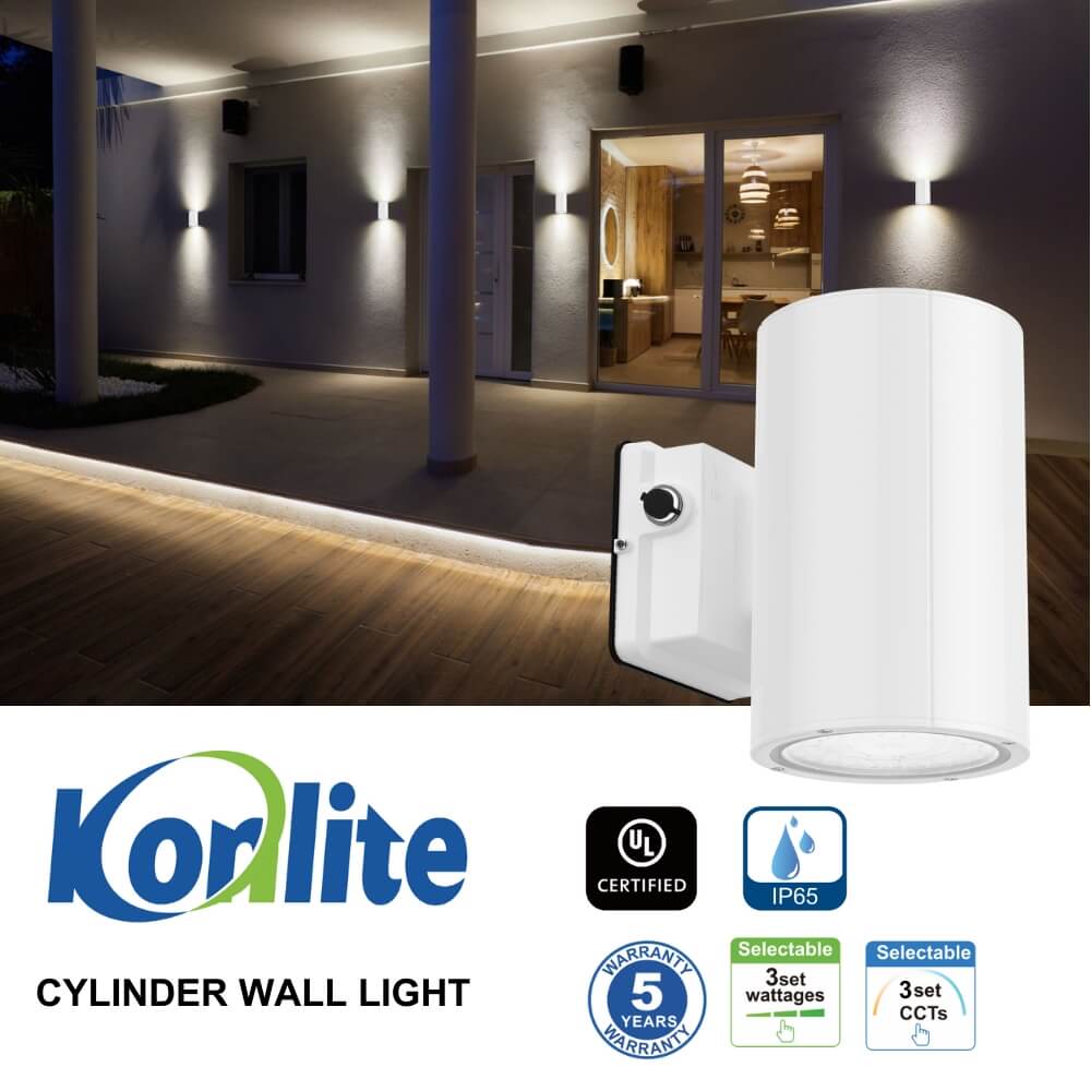 Cylinder wall light with Konlite branding and product features