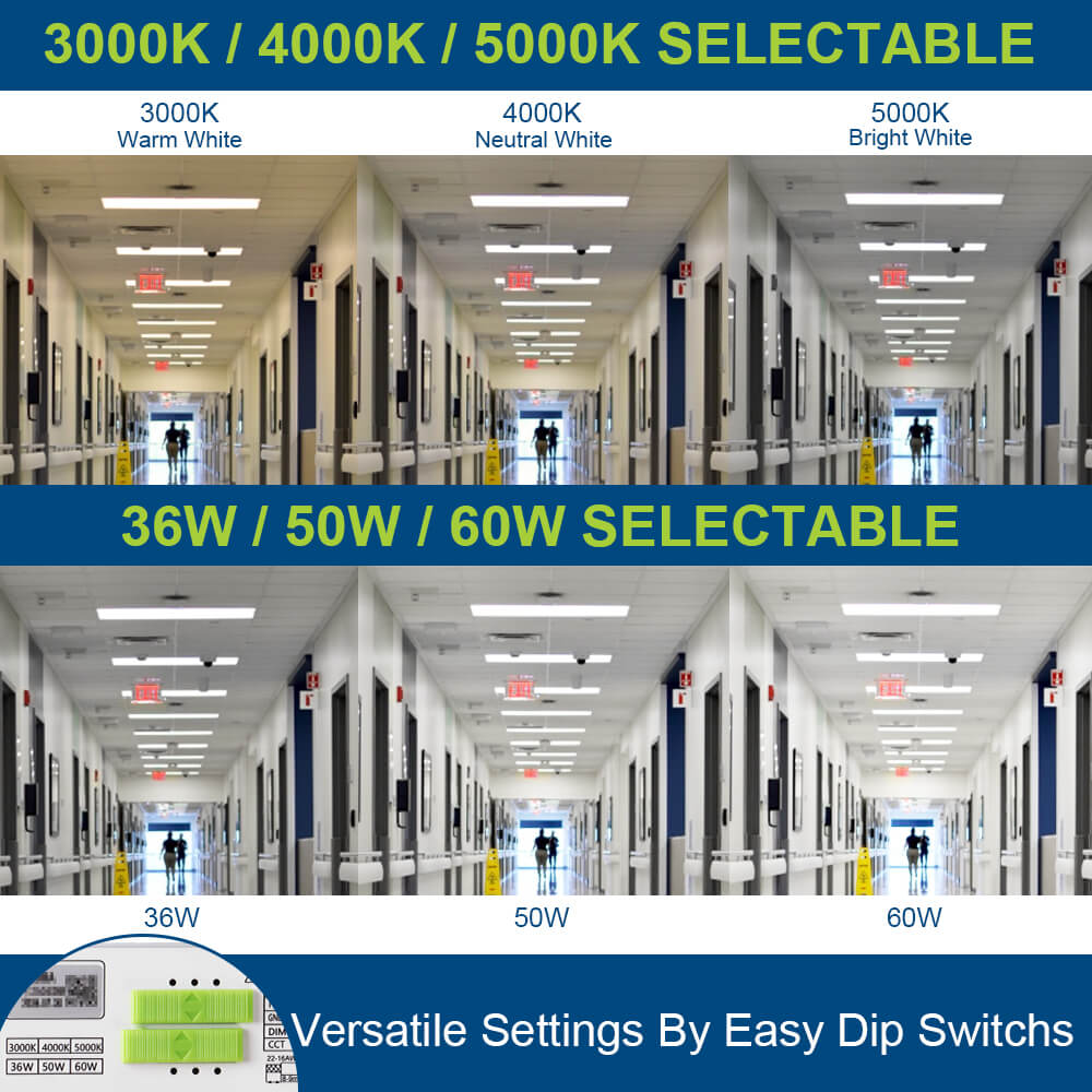 Side-by-side comparison of the different wattage and CCT settings for Konlite 4FT Magnetic Retrofit Kits
