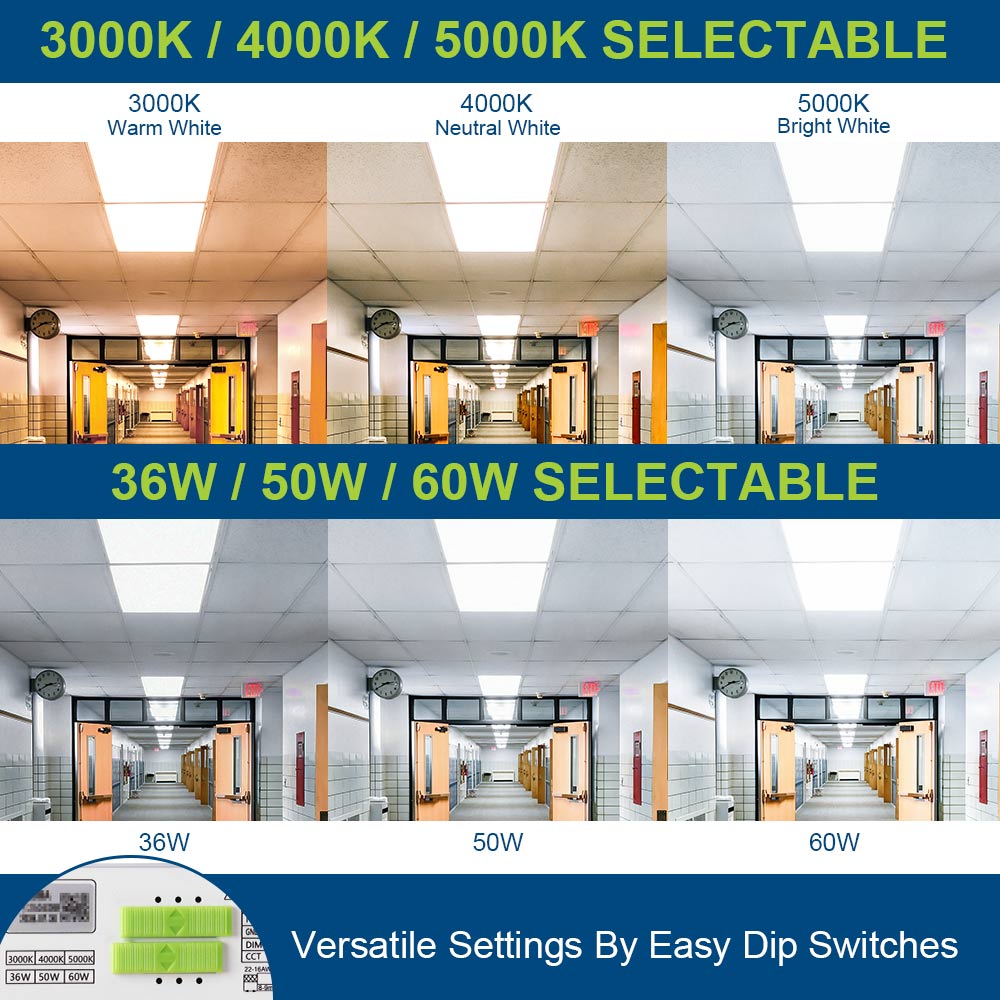 Side-by-side comparison of the different wattage and CCT settings for Konlite 4FT Magnetic Retrofit Kits