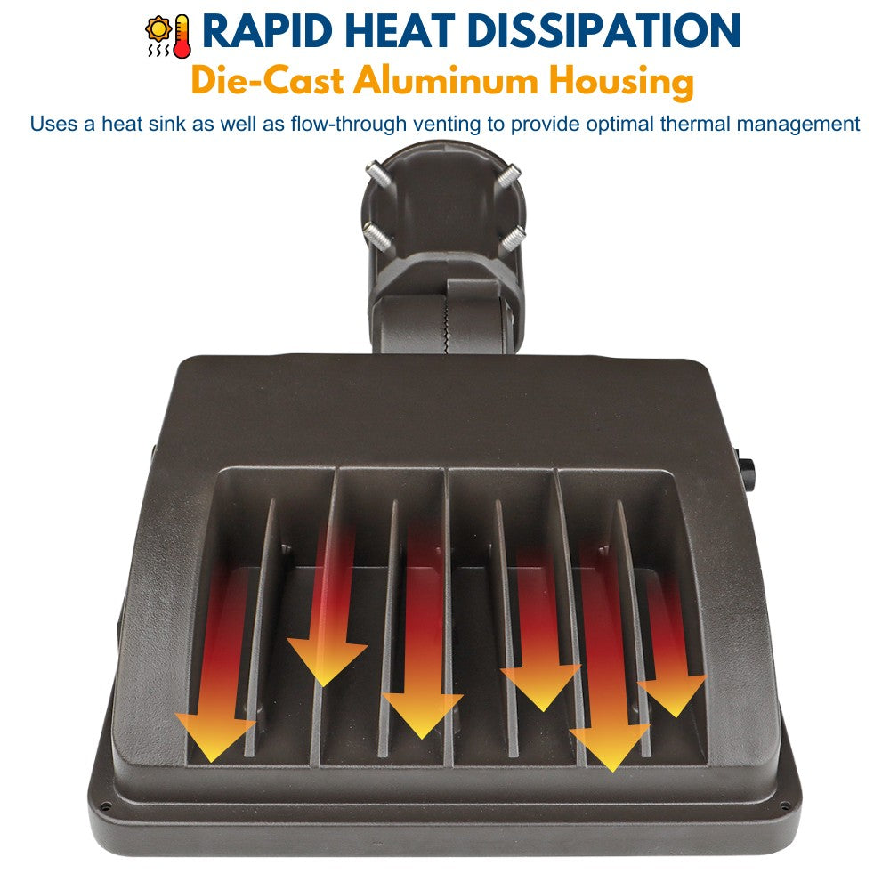 Back view of Konlite Navi LED Flood Light with Slipfitter mount and photocell