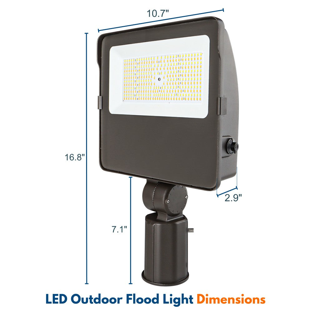 Dimensions of a Konlite Navi LED Flood Light with Slipfitter Mount
