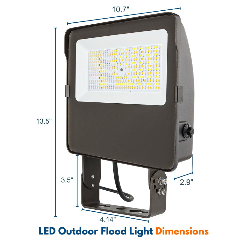 Dimensions of a 155w Konlite Navi LED Flood Light with Yoke Mount
