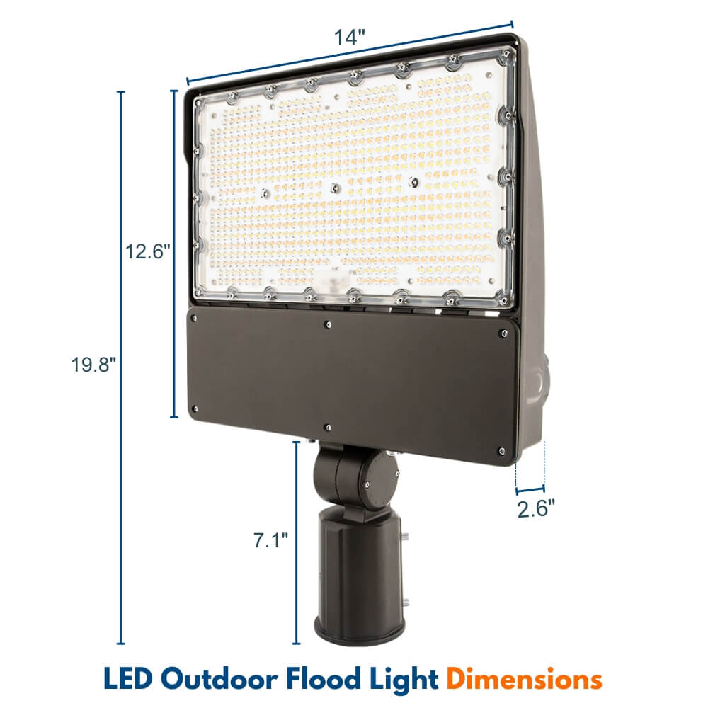 Dimensions of 250W Konlite NAVI Flood Light with SlipFitter Mount