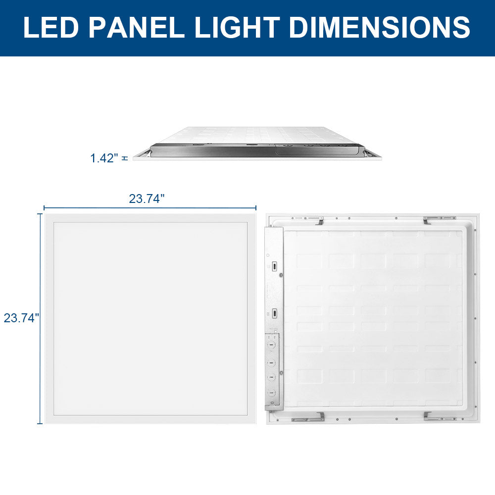 LED panel light with dimensions labeled on a white background