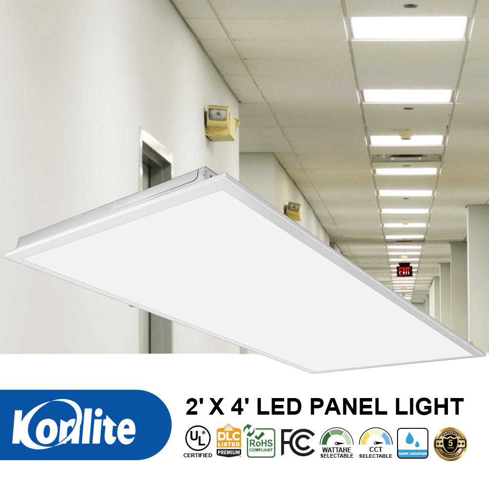 Konlite 2' x 4' LED panel light in an indoor setting with certification logos displayed.