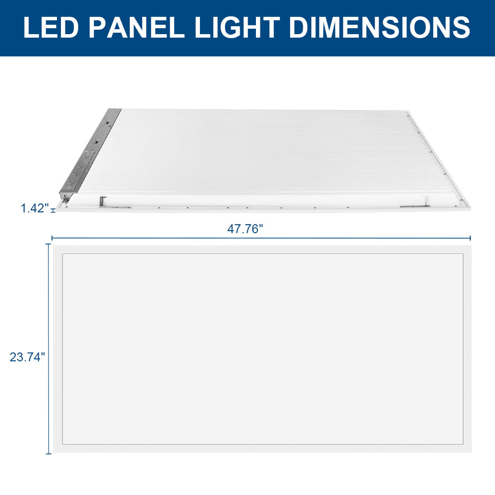 Konlite LED panel light with dimensions labeled on a white background