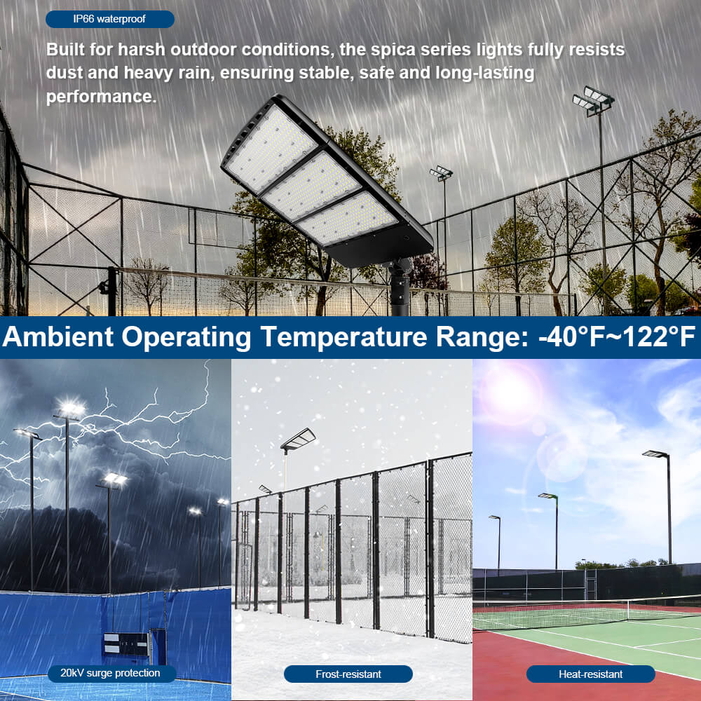 Outdoor sports facility with Konlite Spica 600W Black LED Sports Light under various weather conditions, emphasizing durability.