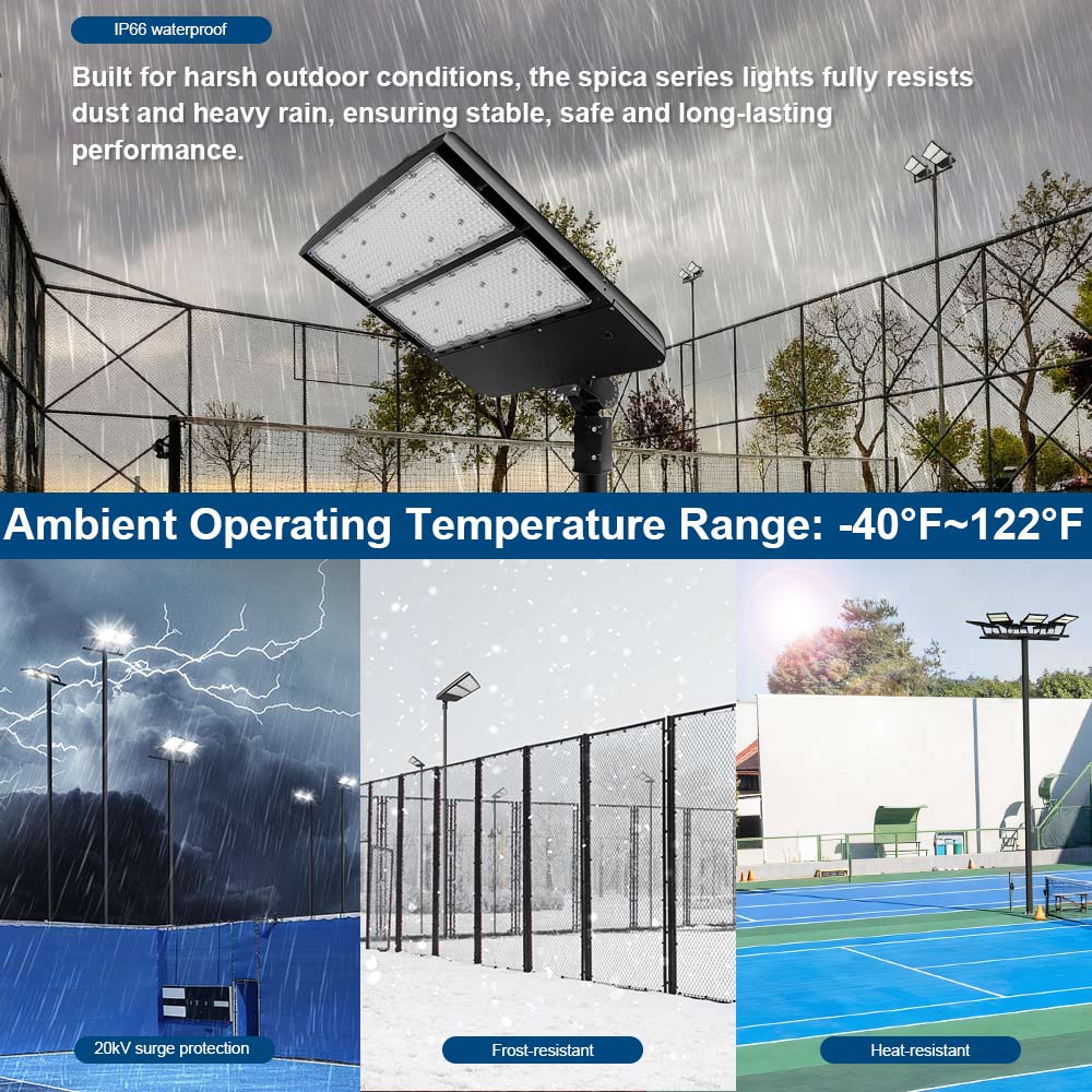 Outdoor sports facility with Konlite Spica 400W Black LED Sports Light under various weather conditions, emphasizing durability.