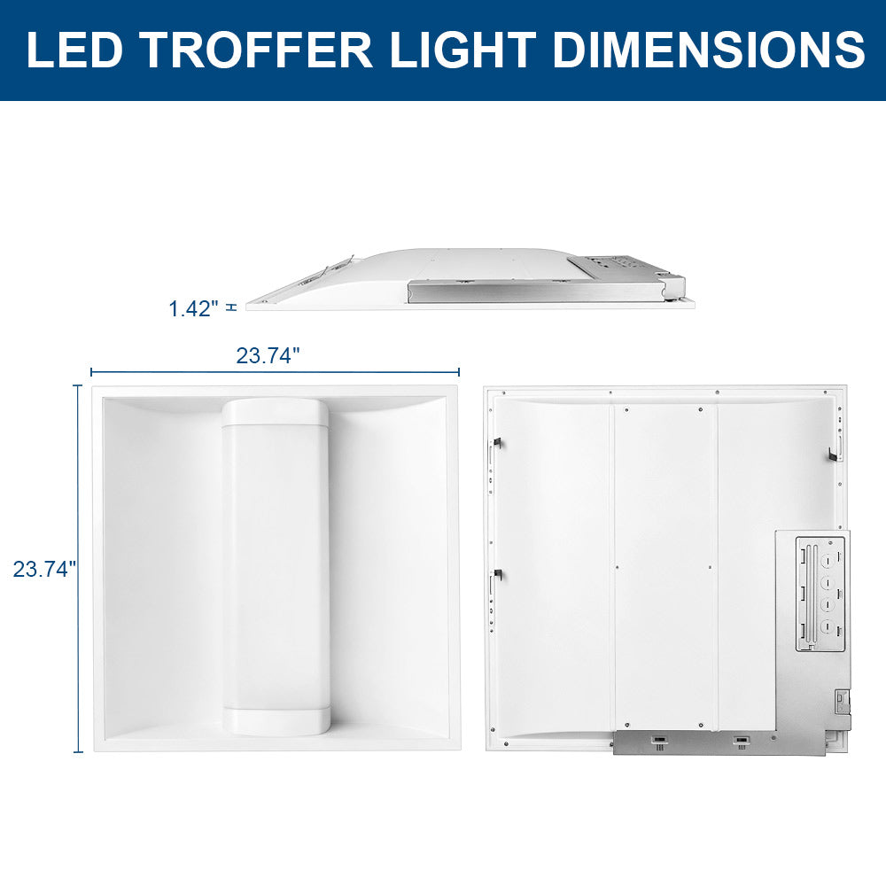 LED troffer light with dimensions labeled