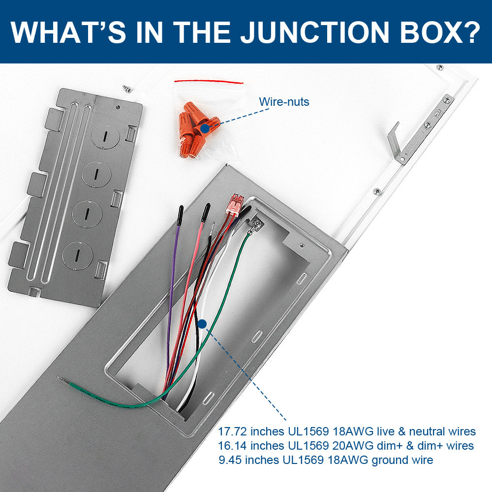 Konlite 2x2 Center Basket Troffer Light Junction box with wires and wire-nuts, labeled with specifications.