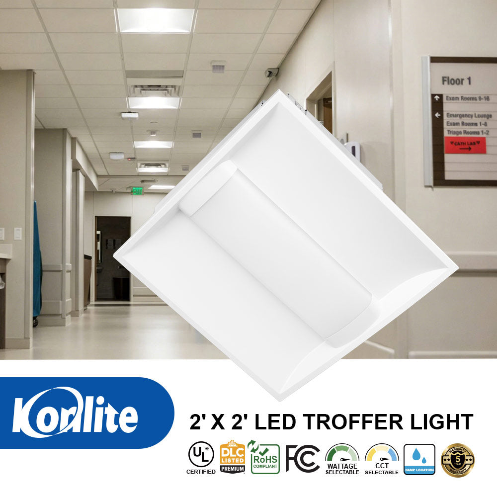 Korlite 2' x 2' LED troffer light in a hallway setting