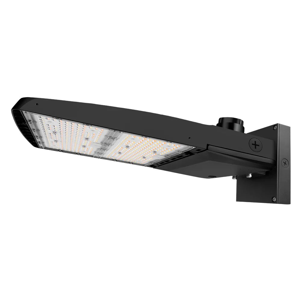 Konlite Vela III 310W LED Black Parking Lot Light with wall mount arm